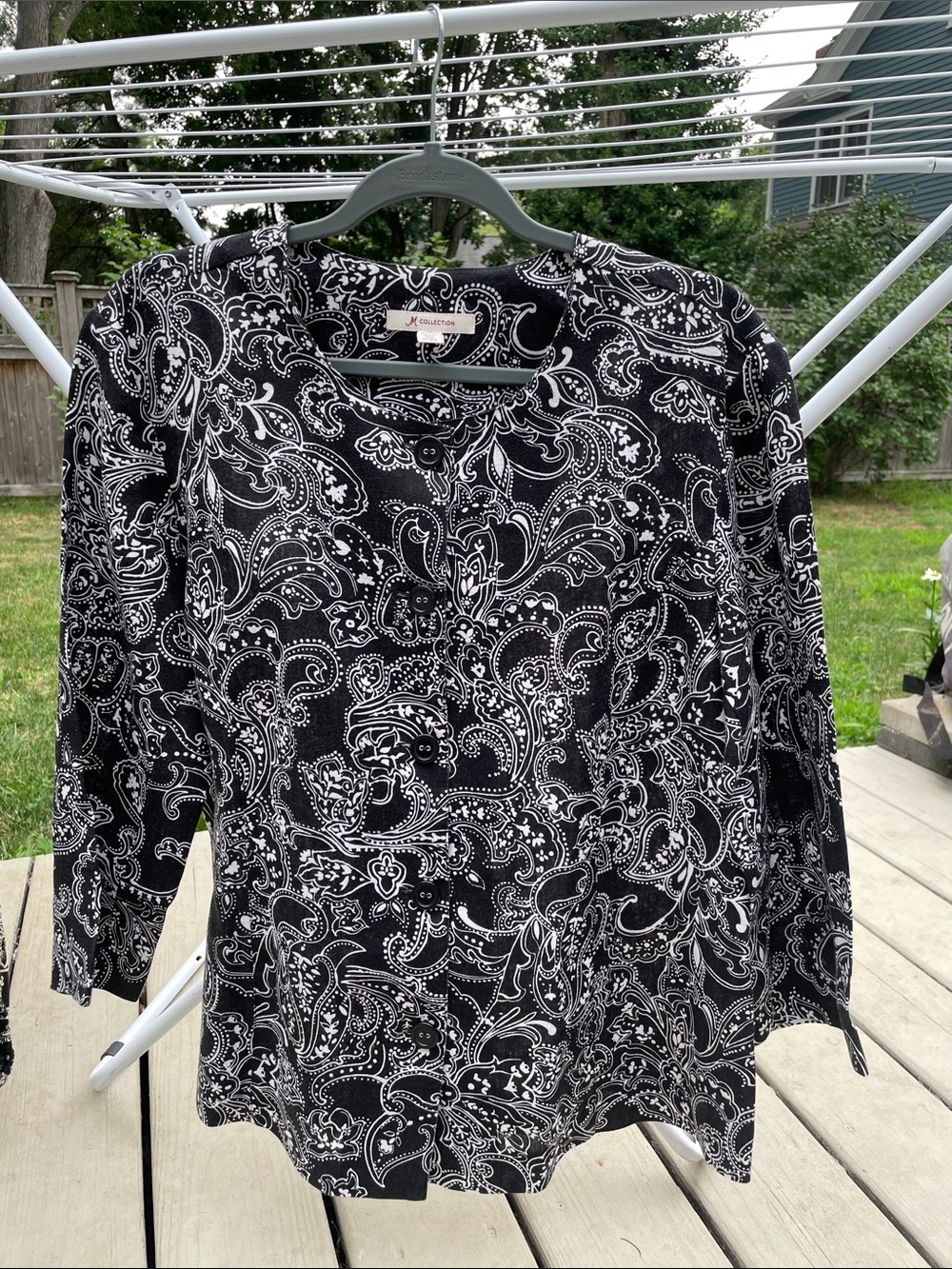 JM Collection 100% Linen Black & White Paisley Button-Front Blouse, 14